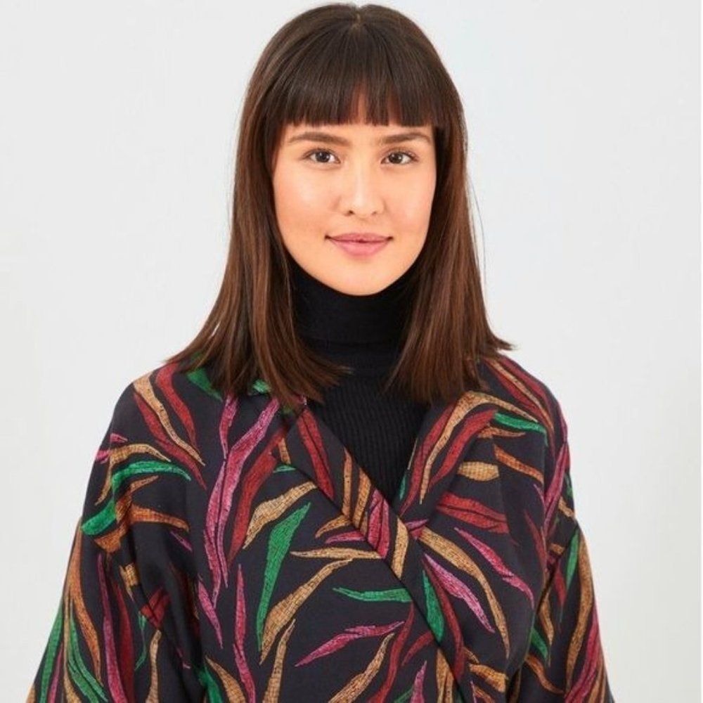 NWT FARM RIO Black Shiny Multicolor Leaf Print Mini Wrap Dress Size XS - Picture 3 of 7